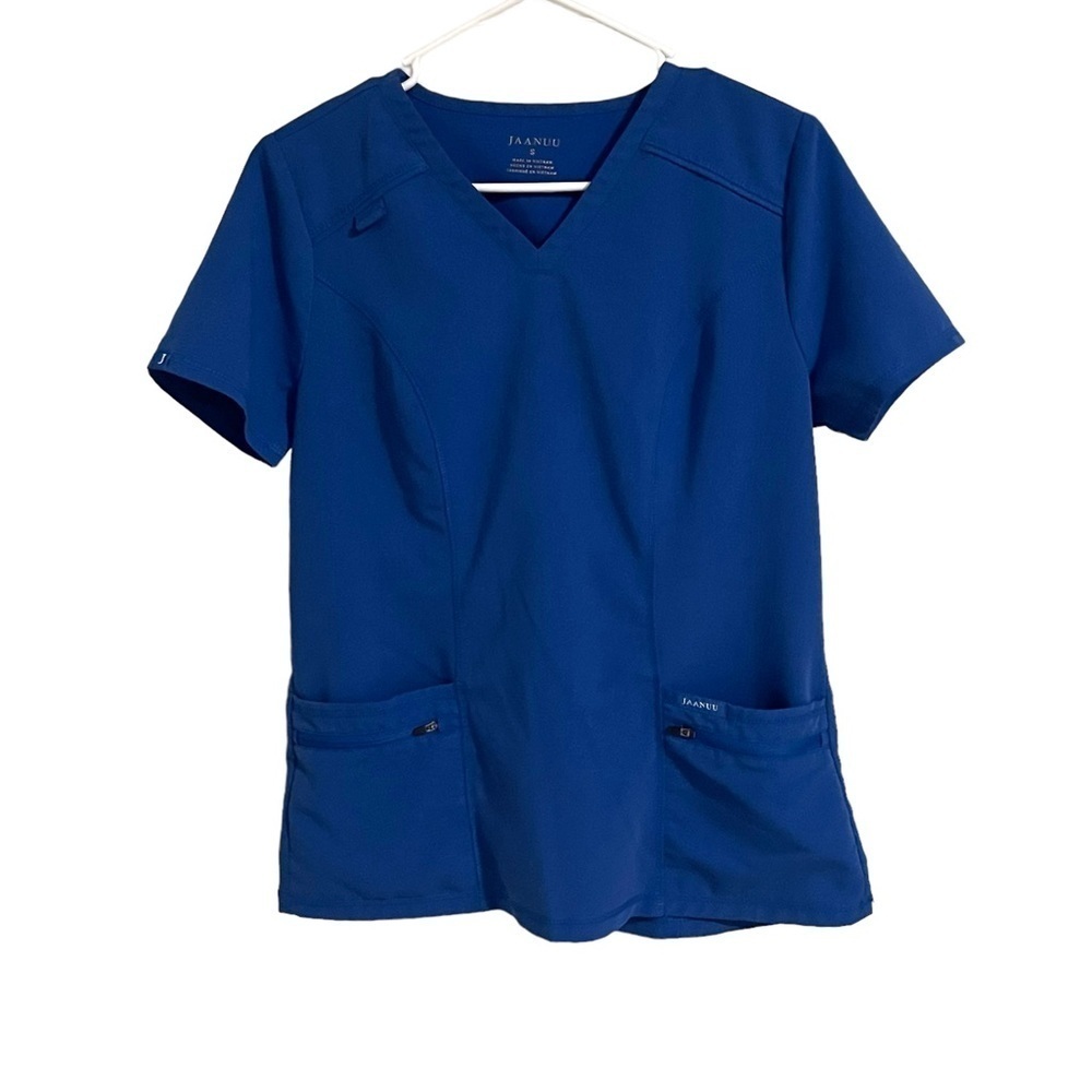 Jaanuu Women’s Blue Short Sleeve Front Pocket Scrub Top Size Small